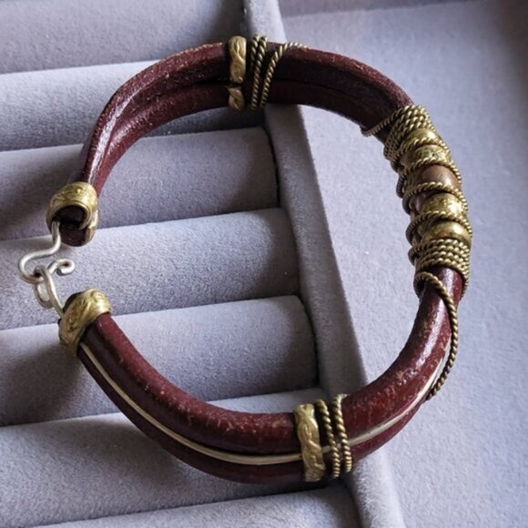 Vintage Ethnic Artesian Leather Copper Rope Twist Adjustable Bracelet - Picture 5 of 10